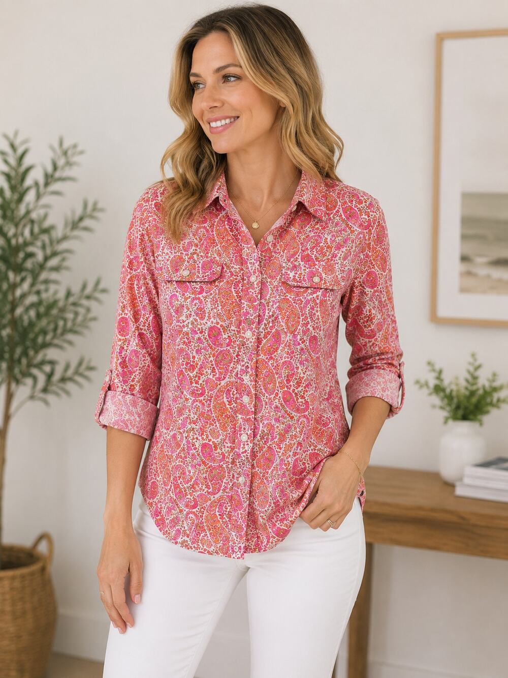 Tommy Hilfiger Paisley Button Front Roll Tab Shirt Women's L Pink Orange Pockets